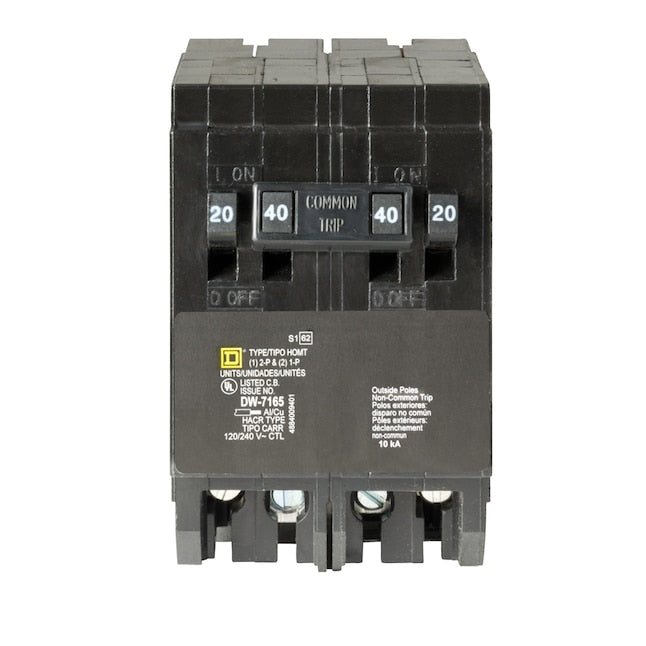 The Square D by Schneider Electric Homeline Quad-Pole Tandem Circuit Breaker consists of (2) single-pole, 20 Amp and (1) double-pole, 40 Amp breakers
Requiring only 2 pole spaces, it is used for overload and short-circuit protection of your electrical sy
