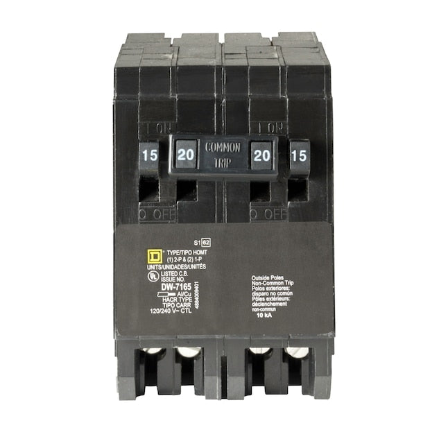 The Square D by Schneider Electric Homeline Quad-Pole Tandem Circuit Breaker consists of (2) single-pole, 15 Amp and (1) double-pole, 20 Amp breakers
Requiring only 2 pole spaces, it is used for overload and short-circuit protection of your electrical sy