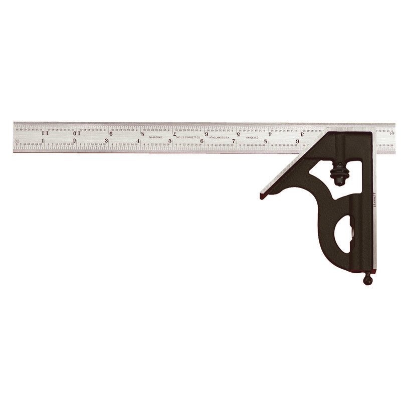 The Starrett 12" Combination Square with Square Head features a reversible lock bolt, scriber, spirit level, and hardened steel, photo-engraved blade with regular This product also includes a cast iron head with black wrinkle finish. 12", 4R Grad, Regula