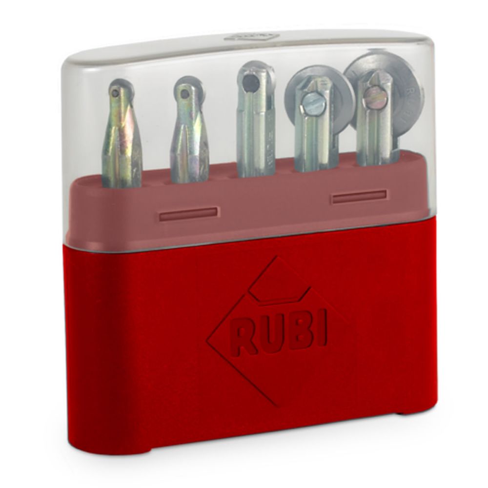 The Rubi Tools 5 Piece Tile Scoring Wheel Kit (01969) for a variety of tile types. These wheels fit the Rubi TS, TS-PLUS, TR, and TF models.
Includes the following sizes: 1/4" (6mm), 5/16" (8mm), 13/32" (10mm), 3/4" (18mm), 7/8" (22mm).
1/4" (6mm) for r