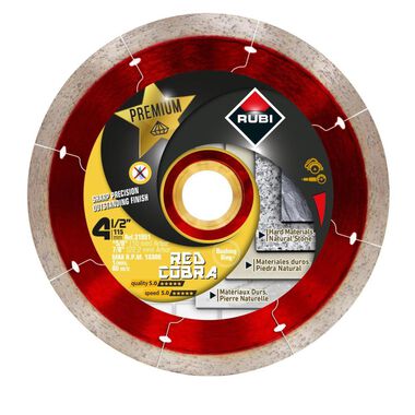 Premium Venom Dry 4-1/2 In. Diamond Blade (7/8" and 5/8" Arbor)
The Rubi red cobra 4-1/2 In. blade is a continuous blade for cutting hard materials such as granite, natural stone, glass, marble, ceramic and porcelain tile. The specific design of the diam