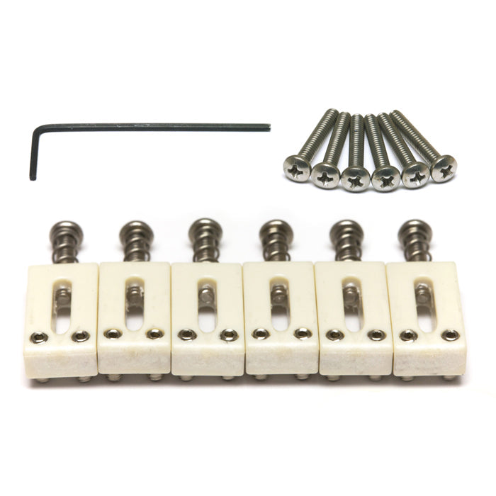 The PQ-8000-00 is a perfect upgrade or replacement set of saddles for your Strat or Tele style guitar. They have a center intonation screw and a 2 1/16" string spacing.
Included with the set is an extra set of slightly longer intonation screws to be used