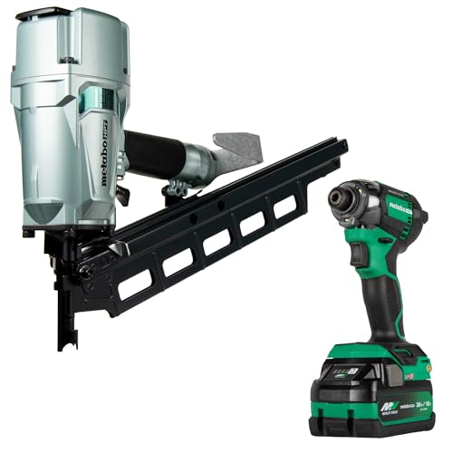 Metabo HPT Pneumatic Roofing Nailer + 18V Impact Driver Pro Bundle Kit, 1-3/4-Inch Coil Roofing Nailer with BONUS 18V Triple Hammer Impact Driver Kit, KNV45AB2