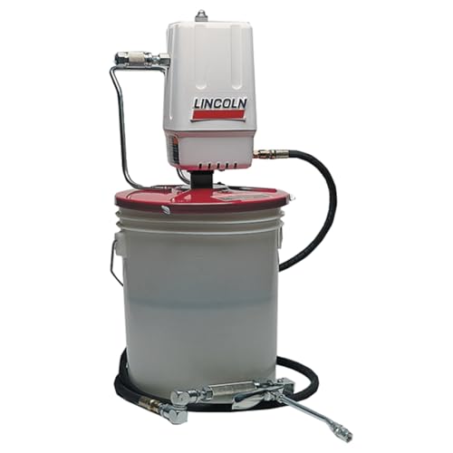 Lincoln 989 Pneumatic Double Acting Grease Pump, for 25 to 50lb, 50:1 Ratio, 7' High Pressure Hose, Control Valve, Universal Swivel and Coupler, Standard Follower, Steel Drum Cover, Carrying Handle