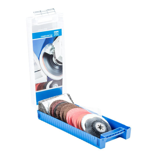 PFERD COMBICLICK Disc Set, 19 pcs. | 4-1/2 inch dia. | 5/8-11 thread | 48192 - for coarse grinding to polishing work with an angle grinder, only available in a set