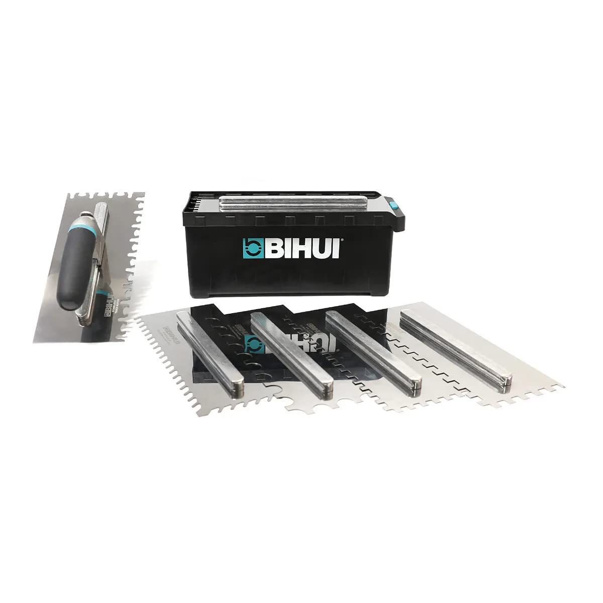 BIHUI 8-Piece Tile Trowel Set in Stainless Steel - 1 Changeable TPR Handle with Square, Round, Tiger and Diagonal Notch Trowels and Storage Tool Box