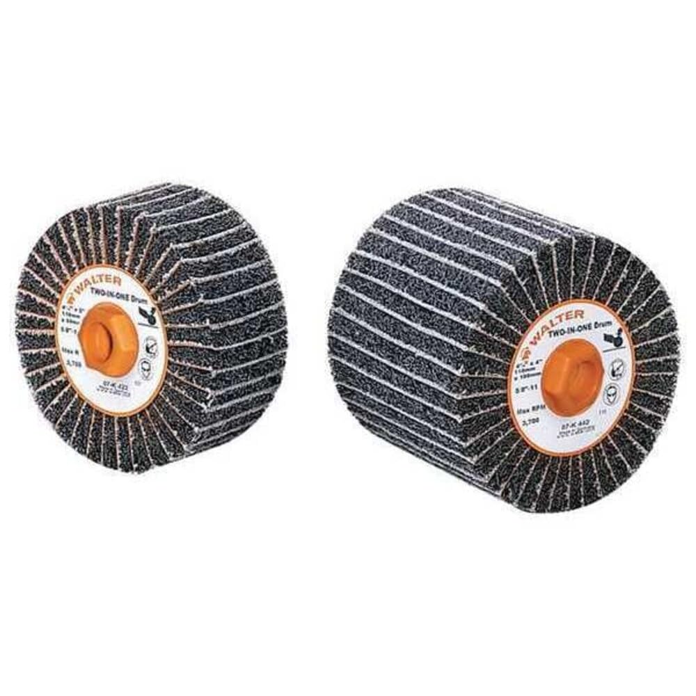 WALTER Two-in-One Linear Finishing Abrasive Drum, 3800 Maximum RPM, 4-1/2" Diameter x 4" Width, 5/8"-11 Arbor, 80 Grit