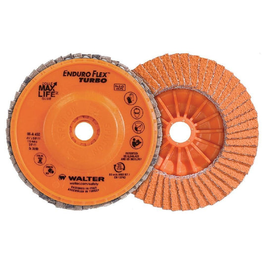 Walter 06A452 4-1/2x5/8-11 Enduro-Flex Turbo Spin-On Discs Fast Grinding Blending Flap Disc Grit 36/60 Type 27S, 10 pack