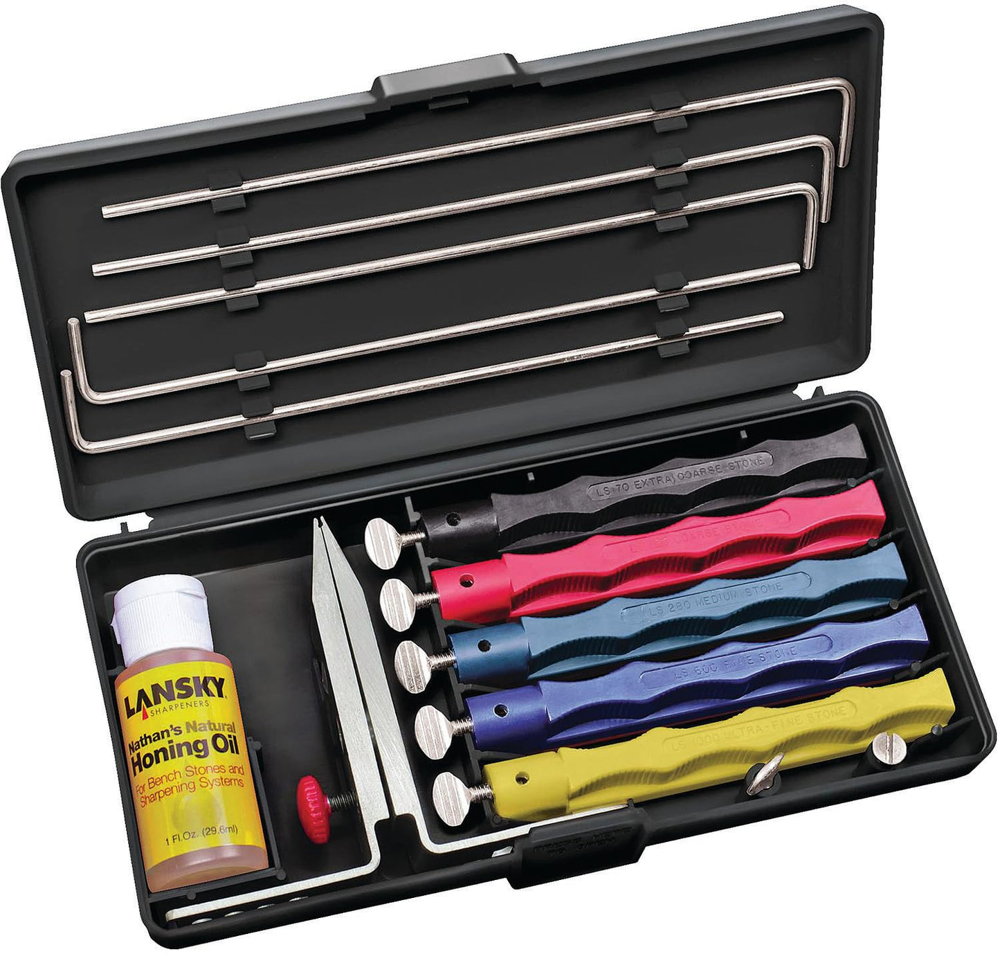 Lansky Deluxe Knife Sharpening System: 5-Stone Ceramic Knife Sharpener Kit with Honing Oil - LKCLX