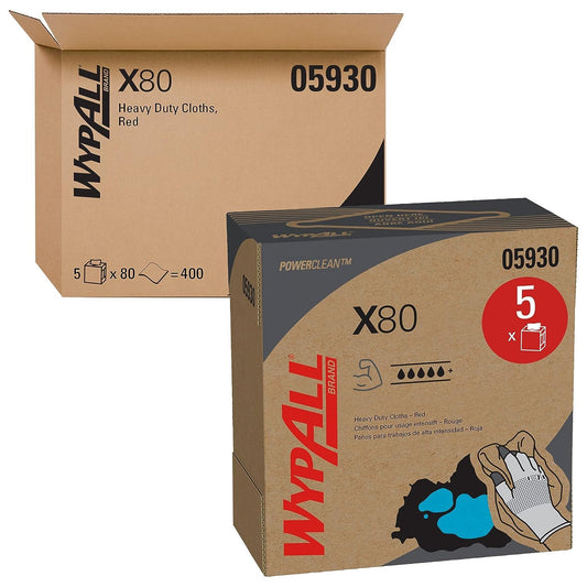 Wypall 05930 X80 Pop-up Wipers, 9.8" Length x 16.4" Width, Red (5 Boxes of 80) (Pack of 5)