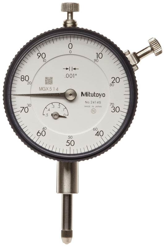 Mitutoyo 2414S Dial Indicator, #4-48 UNF Thread, 0.375" Stem Dia., Lug Back, White Dial, 0-100 Reading, 2.244" Dial Dia., 0-0.5" Range, 0.001" Graduation, +/-0.001" Accuracy