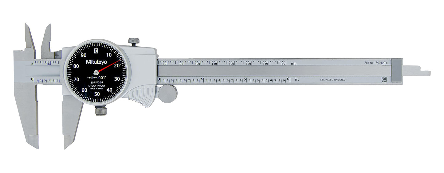 Mitutoyo 505-742-56 D6"TX-6 Dial Caliper, Black Face, 0.1"/Rev, 0"-6", 0.001"