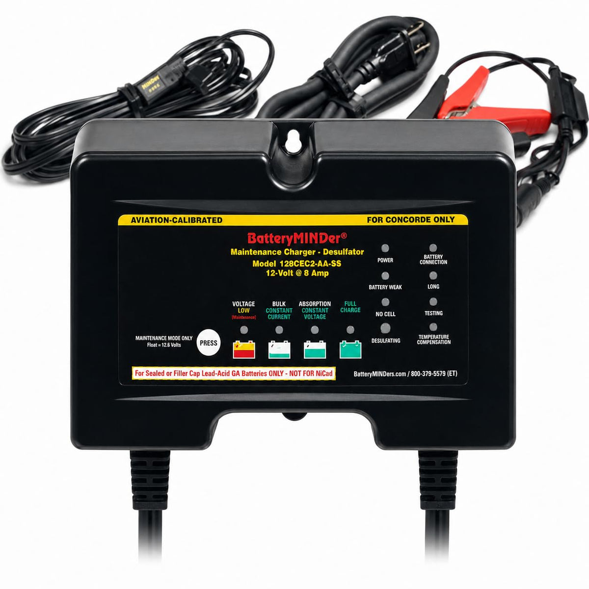 BatteryMINDer 128CEC2-AA-S5 12V 8A Aviation Battery Charger | Calibrated for Concorde Batteries | Aircraft Battery Maintainer & Desulfator