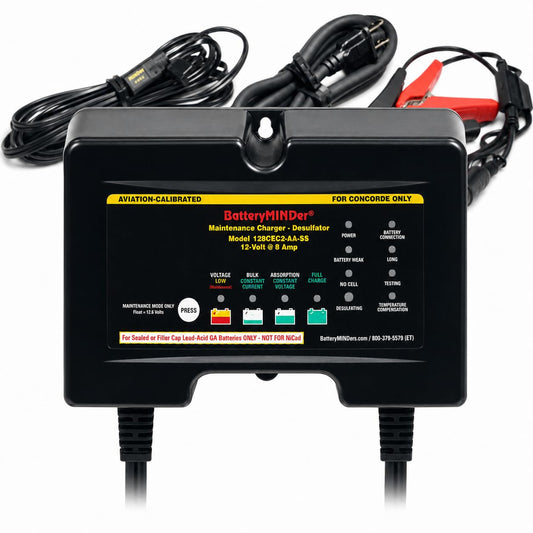 BatteryMINDer 128CEC2-AA-S5 12V 8A Aviation Battery Charger | Calibrated for Concorde Batteries | Aircraft Battery Maintainer & Desulfator