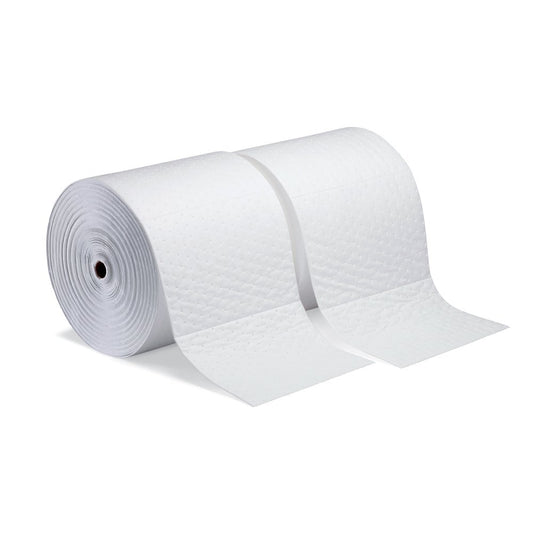 New Pig Oil-Only Absorbent Mat Roll, 20-Gal Absorbency Per Roll, Heavyweight, Absorbs Oil-Based Liquids, Repels Water, 150' L x 15" W, White (2 Rolls), MAT425