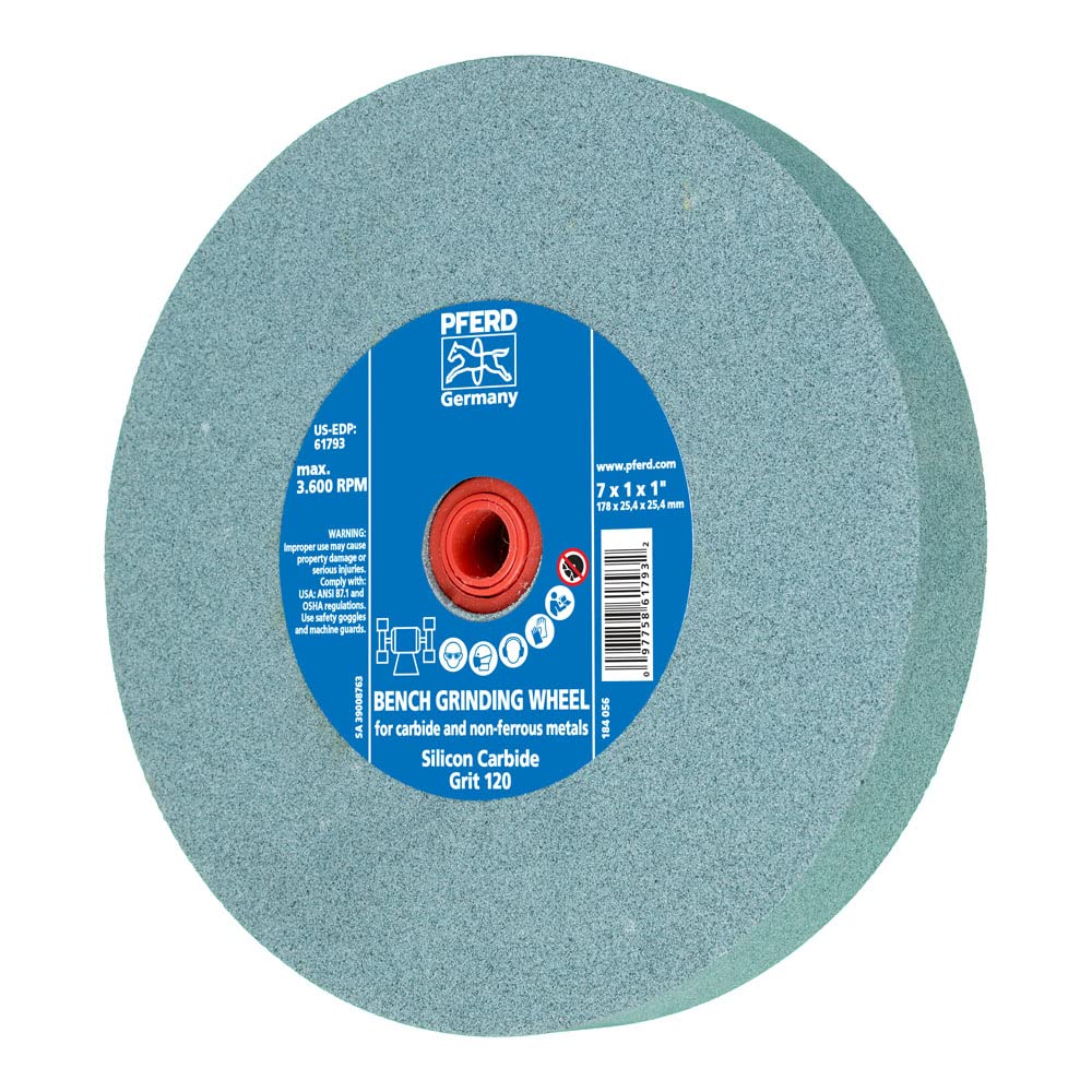 PFERD Bench Grinding Wheel Carbide Type | 7x1x1 inch, vitrified Bond, Silicon Carbide, grit Size 120 | 61793 - for use on Hard Materials, Included bushings 3/4, 5/8, 1/2 inch