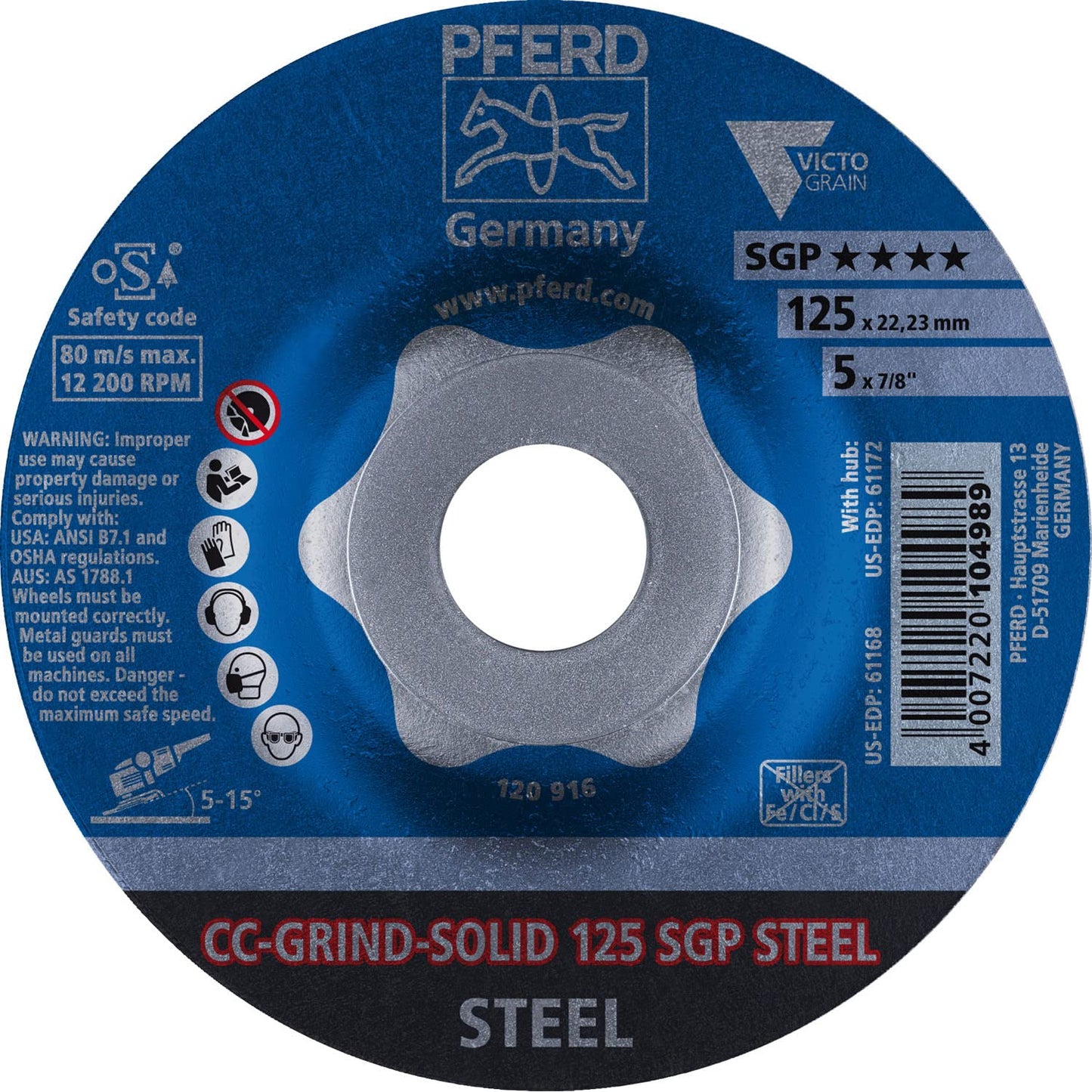 PFERD 5"" CC-Grind-Solid - 7/8"" A.H. - SGP Steel (61168) (10/Each)