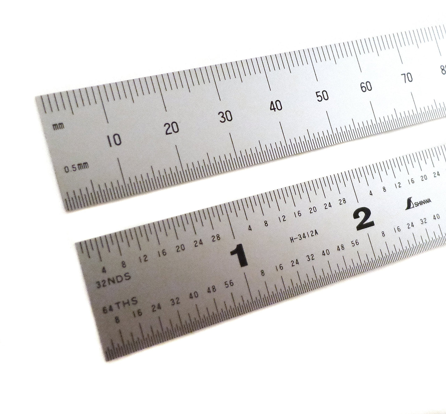 Shinwa 12" 300 mm English Metric Rigid (1.250 wide x .040 thick) Zero Glare Satin Chrome Stainless Steel E/M Machinist Engineer Ruler/Rule with Graduations in 1/64, 1/32, mm and .5mm Model H-3412C