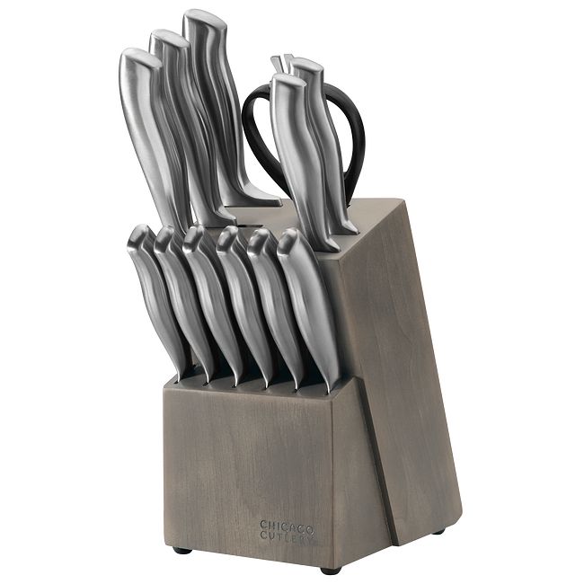 Comfortably contoured stainless-steel handles hold the high-carbon stainless-steel blades of a set that equips your kitchen like a pro’s—for slicing, dicing, peeling, paring and chopping.  Includes steak knives for meals and a 12-slot wood block for stora