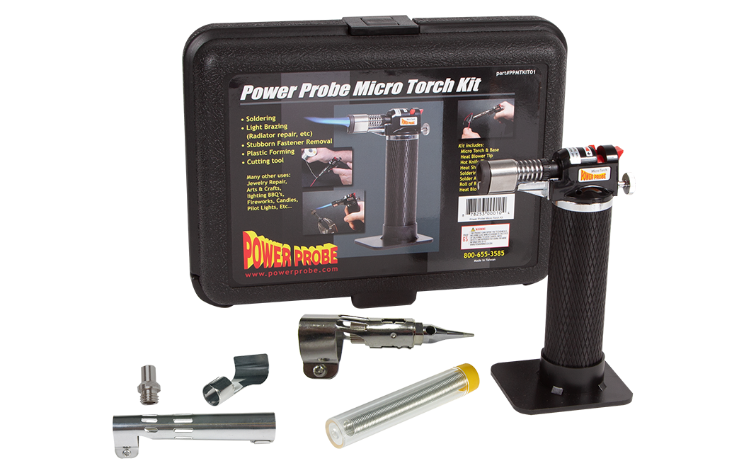 The Power Probe Micro Torch Kit is both versatile and powerful. Perfect for Automotive or Home use. Features an electronic ignition, and a flame adjustment from 1/2″ to 2 1/2″. Easily refillable with butane and will last up to 2 hours between refills. Inc