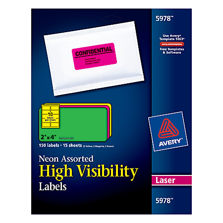 Avery® Neon Shipping Labels With Sure Feed®, 5978, Rectangle, 2"x4", Assorted Neon Colors, Pack Of 150