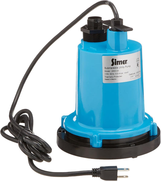 Simer 2300 Submersible Utility Pump, 1320 Max GPH, 1/4 Hp, 115 Vac, 5.6 A, 60 Hz, 8 Ft