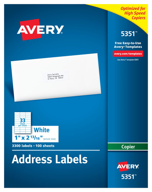 Avery® Address Labels for Copiers, 1" x 2-13/16", 3,300 White Labels (5351)