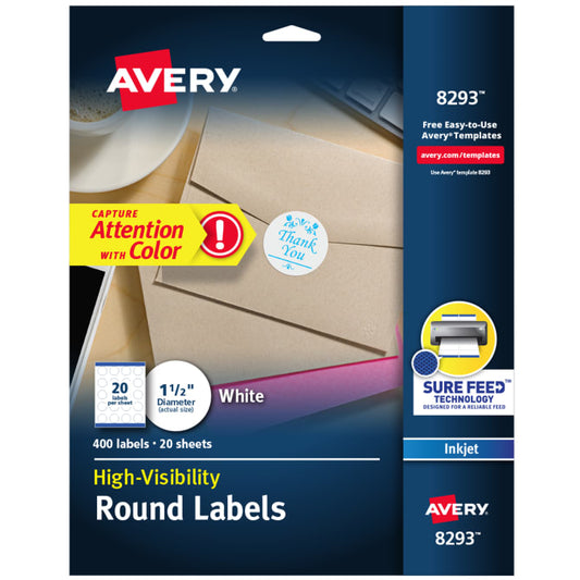 Avery® High Visibility Round Labels with Sure Feed™ for Inkjet Printers, 400 1-1/2" Round Labels (8293)