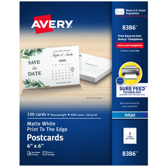Avery® Printable Postcards with Sure Feed® Technology, 4" x 6", White, 100 Blank Postcards for Inkjet Printers (8386)