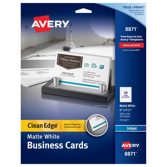 Avery(R) Clean Edge(R) Business Cards with Sure Feed Technology, 2" x 3-1/2", White, 200 Blank Cards (08871)