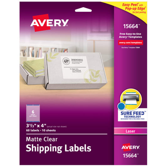 Avery® Matte Clear Shipping Labels, Sure Feed™ Technology, Laser, 3-1/3" x 4", 60 Labels (15664)