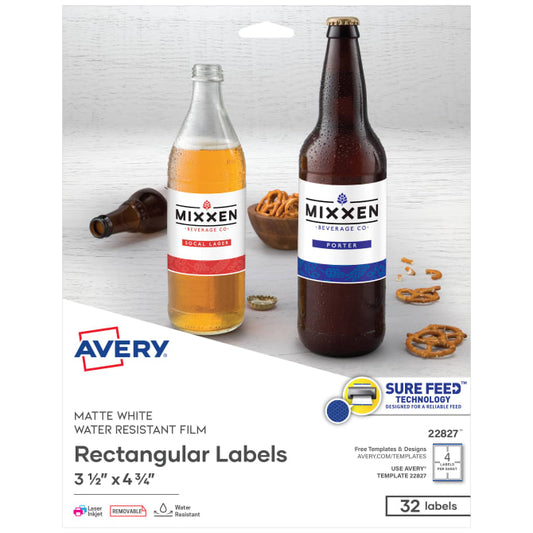 Avery® 3-1/2" x 4-3/4" Water Resistant Rectangle Labels with Sure Feed™, 32 Labels, Removable Adhesive, White (22827)