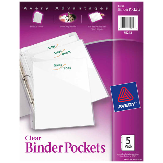 Three Ring Binder Pockets, 5 Pockets, Clear (75243)