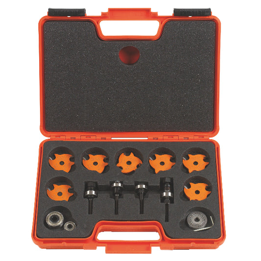 Create slots, grooves and rabbets easily with these CMT slot cutters sets. Ideal for biscuit joints and milling perfect tongue-and-groove joints, these sets include 4 bearings allowing different cutting depths: 7,95mm (5/16”), 9,55mm (3/8”), 12,7mm (1/2”)