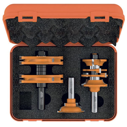 This CMT three-piece router bit set simplifies door construction, making it easy as 1, 2, 3! It is not the only advantage, in fact this is a multifunctional set for door and furniture makers building entry or passage doors and any furniture tenons. The in