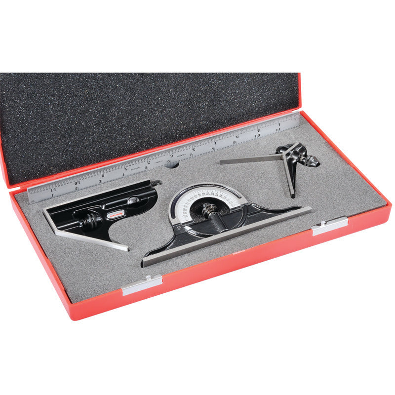 Reversible lock bolts, scriber, spirit level in both square head and protractor head
 Direct reading double 180 Deg protractor scale
 Hardened steel, machine divided blade
 Satin Chrome Finish Blade
 Forged and Hardened Steel Heads with Smooth Black Ename