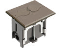 Non Metallic adjustable floor box. Brown with flip lids. Includes tamper resistant duplex receptacle, rectangular cover plate with gasket and Arlington NM94 connector and Arlington NM900 knockout plug.