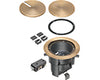 TWO low voltage openings with built-in divider, an ultra-thin stamped steel flange, and flush-to-the-floor in-use and blank covers. In a black powder-coated finish. Has an antique bronze plated finish.