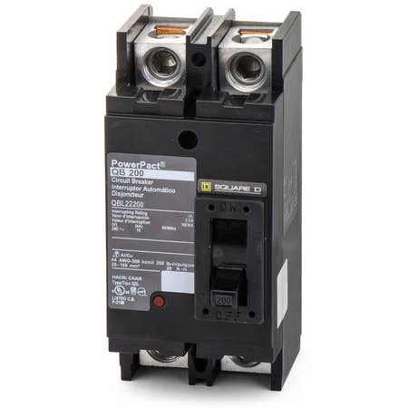 Square D PowerPact QBL series two pole 200 ampere feed-thru molded case circuit breaker with maximum voltage rating of 240V tripping method thermal magnetic and standard interrupting rating of 10 kiloampere at 240V complete with non-interchangeable trip (