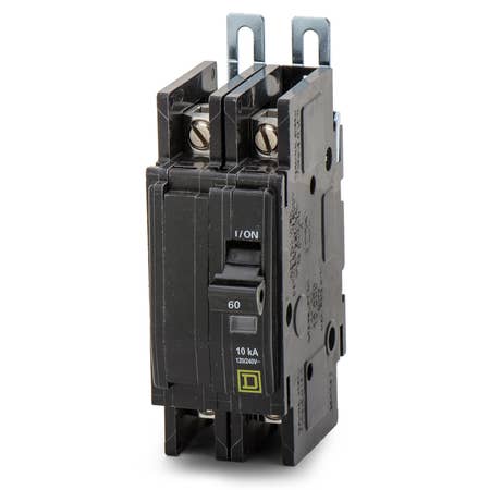 Square D miniature circuit breaker has a voltage rating of 120/240 Volts current rating of 60 Amps and interrupting rating of 10 kilo-Amps. The 2-Pole thermal magnetic circuit breaker features a lug terminal and accommodates aluminum/copper wire size of 1