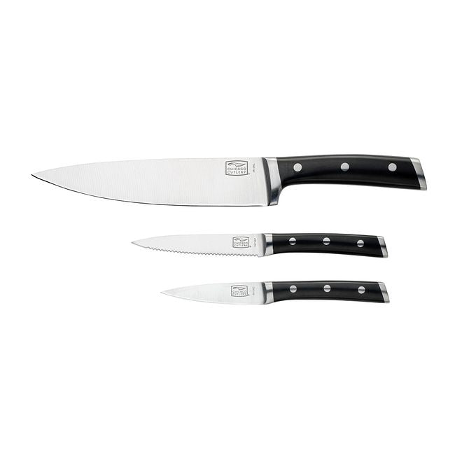 A comfortable, contoured grip and balanced construction make these three knives—for chopping, paring and cutting—among a cook’s most-used. Triple rivets secure the polymer handles to full-tang, high-carbon, stainless-steel blades, with bolsters for safer