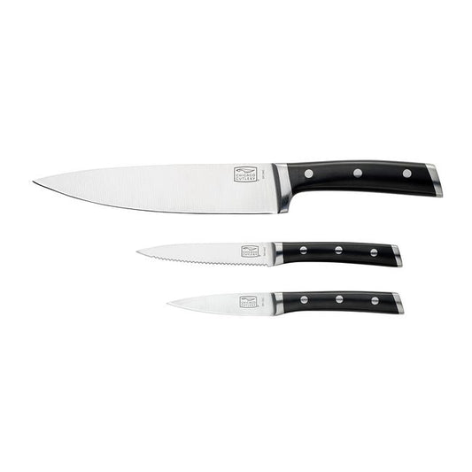 A comfortable, contoured grip and balanced construction make these three knives—for chopping, paring and cutting—among a cook’s most-used. Triple rivets secure the polymer handles to full-tang, high-carbon, stainless-steel blades, with bolsters for safer