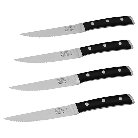 A contoured grip and balanced construction make our four steak knives—serrated for easier cutting and slicing—comfortable to use. Triple rivets secure the polymer handles to full-tang, high-carbon, stainless-steel blades, with bolsters for safer handling.