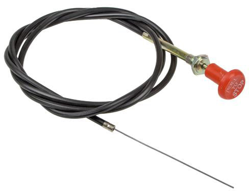 Fuel Shutoff cable.  Handle is not detachable, says “PULL TO STOP”. Overall length from end of cable to threads is 76”. Length from end of sheath to threads is 70”. Mounts in ½” hole, in up to ¼” thick material.
