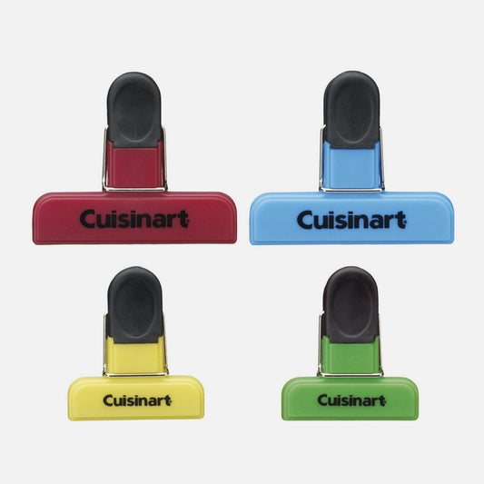 The Cuisinart® Set of 4 Chip Clips keeps air out of open bags of chips, pasta, rice, and more. Magnetic backs make clips great for posting notes or hanging kid’s artwork. Clean with a dampened cloth.