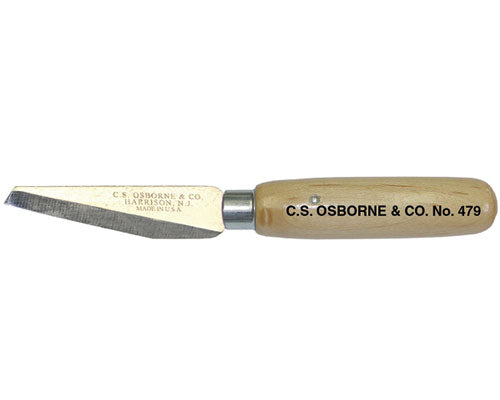 Used for skiving and edge trimming on leather and similar materials. Plated ferrule. Lacquered hardwood handle.