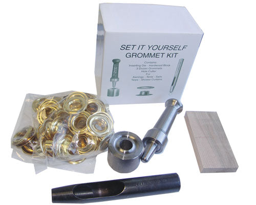 A complete and affordable kit for consumer use.

Each kit consists of a No. 235 grommet die, a No. 245 cutting punch, brass plain rim grommets and washers, a small cutting board and complete instructions.