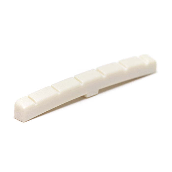 The 5000-00 is a perfect option to replace and upgrade the nut in almost all Fender style electric guitars.

It will work in both a flat bottom or curved bottom nut slot due to its ingenious design, just sand off the tab for a curved bottom.

It is pre-sl