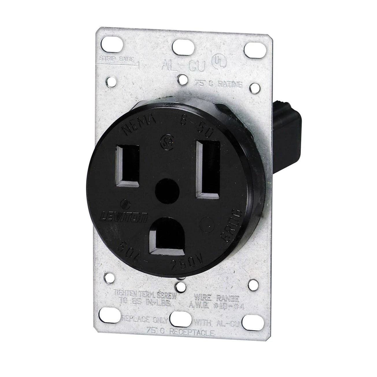 30 Amp, 250 Volt, NEMA 6-30R, 2P, 3W, Flush Mtg Receptacle, Straight Blade, Industrial Grade, Grounding, , Side Wired, Steel Strap, - Black