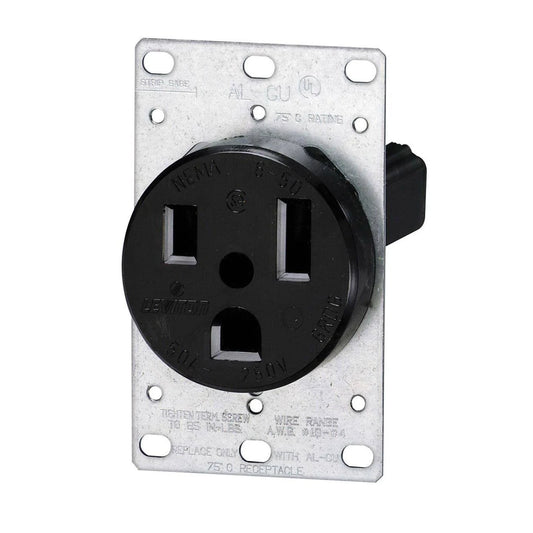 30 Amp, 250 Volt, NEMA 6-30R, 2P, 3W, Flush Mtg Receptacle, Straight Blade, Industrial Grade, Grounding, , Side Wired, Steel Strap, - Black